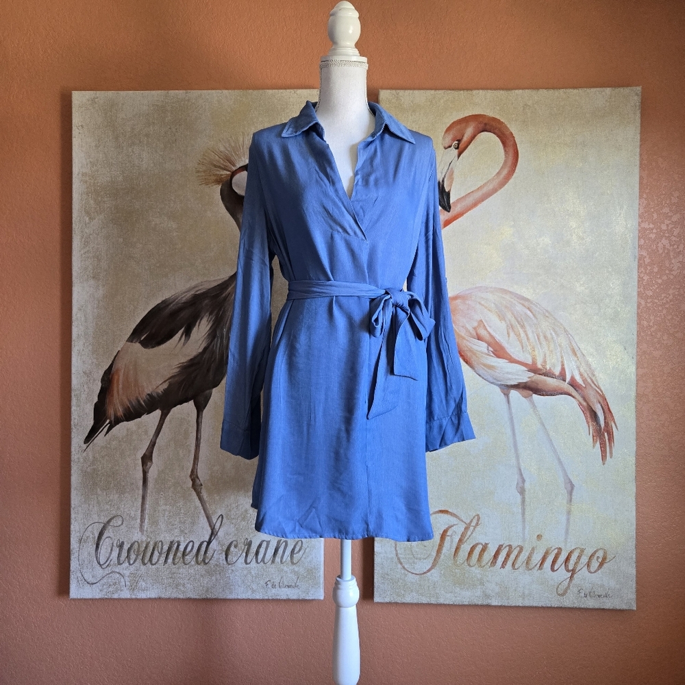 3/$25 Shein Chambray Shirt Dress Belt Long Sleeve Blue Large Collar Mini